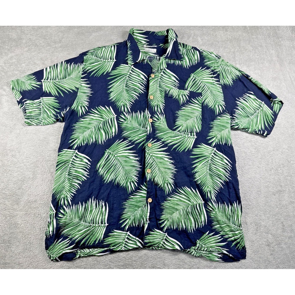 RS‎ Surf Men's Classic Fit Button-Up Short Sleeve Palm Frond Print Shirt Blue XL